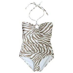 137. Women's Michael Kors Tan / White Zebra Print One Piece Halter Swimsuit NWT